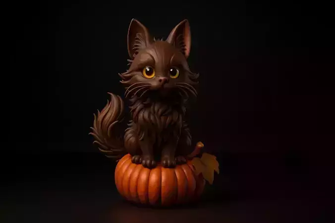 Fluffy Cat Sitting on Pumpkin Halloween and Autumn Decoration