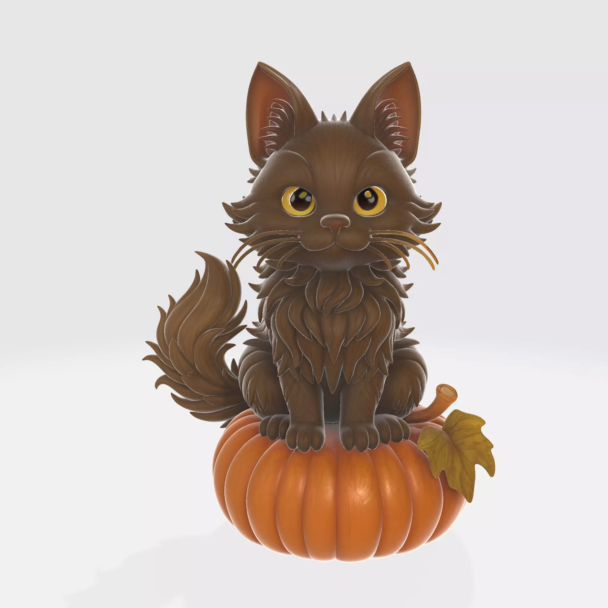 Fluffy Cat Sitting on Pumpkin Halloween and Autumn Decoration 3D print model_1