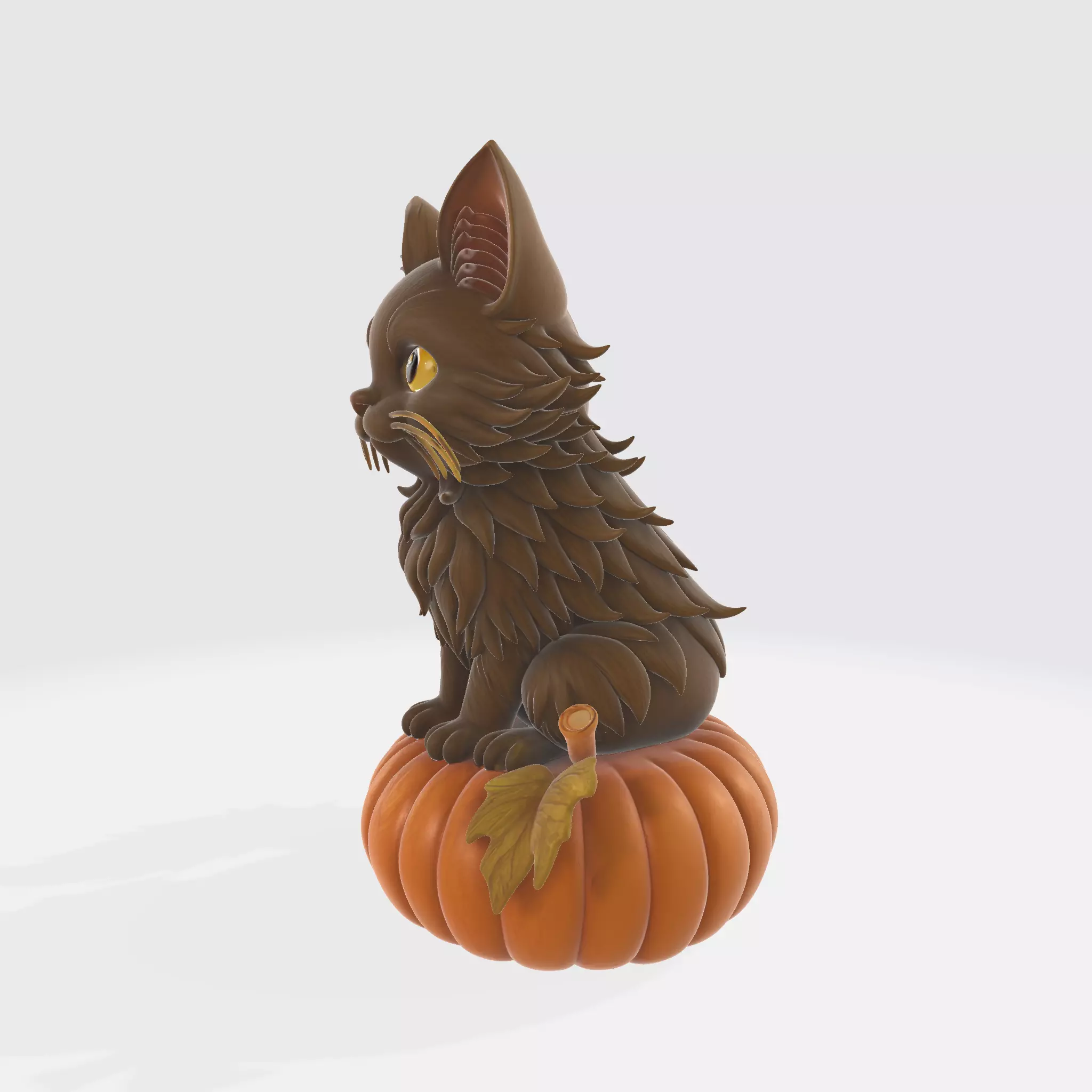 Fluffy Cat Sitting on Pumpkin Halloween and Autumn Decoration 3D print model_2
