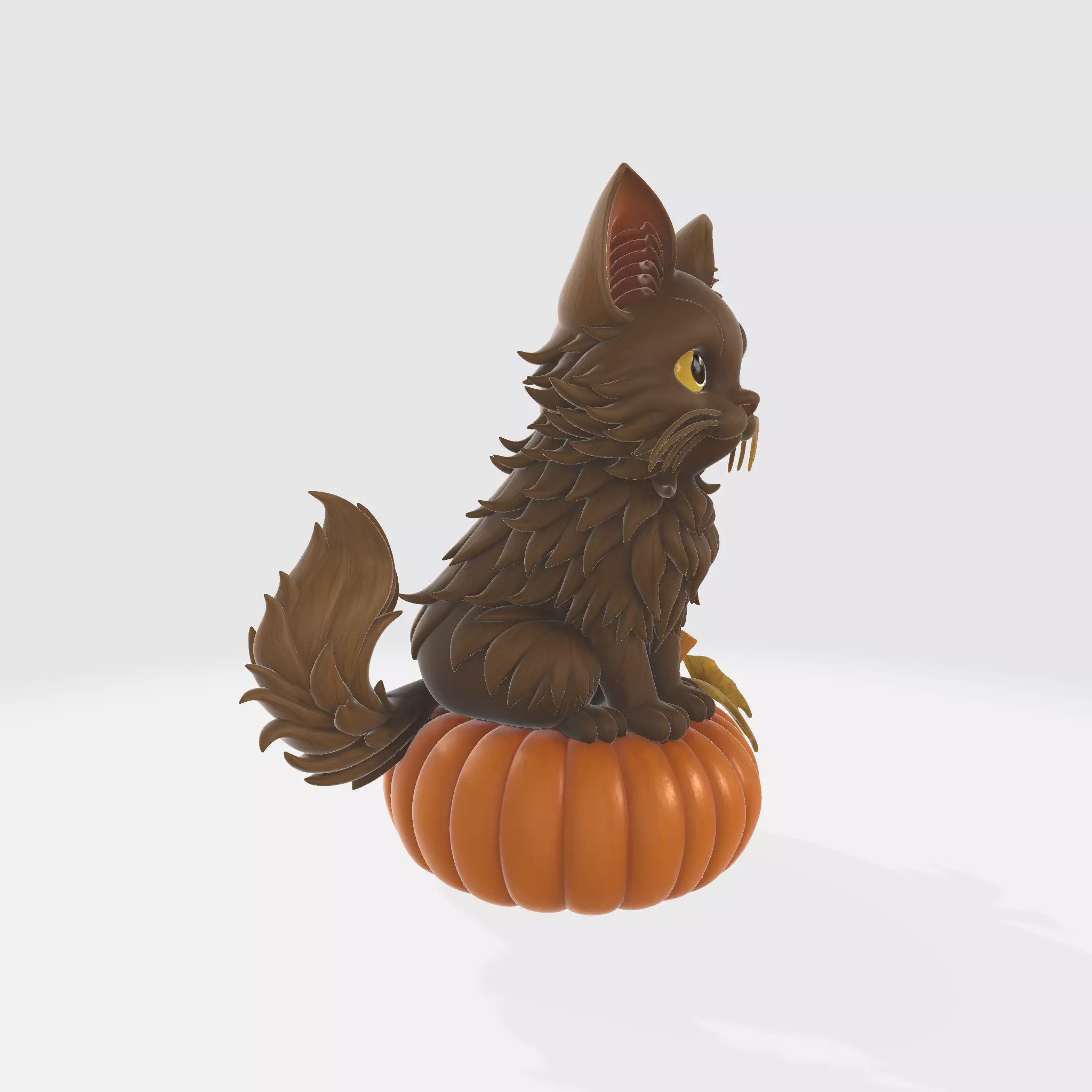Fluffy Cat Sitting on Pumpkin Halloween and Autumn Decoration 3D print model_4
