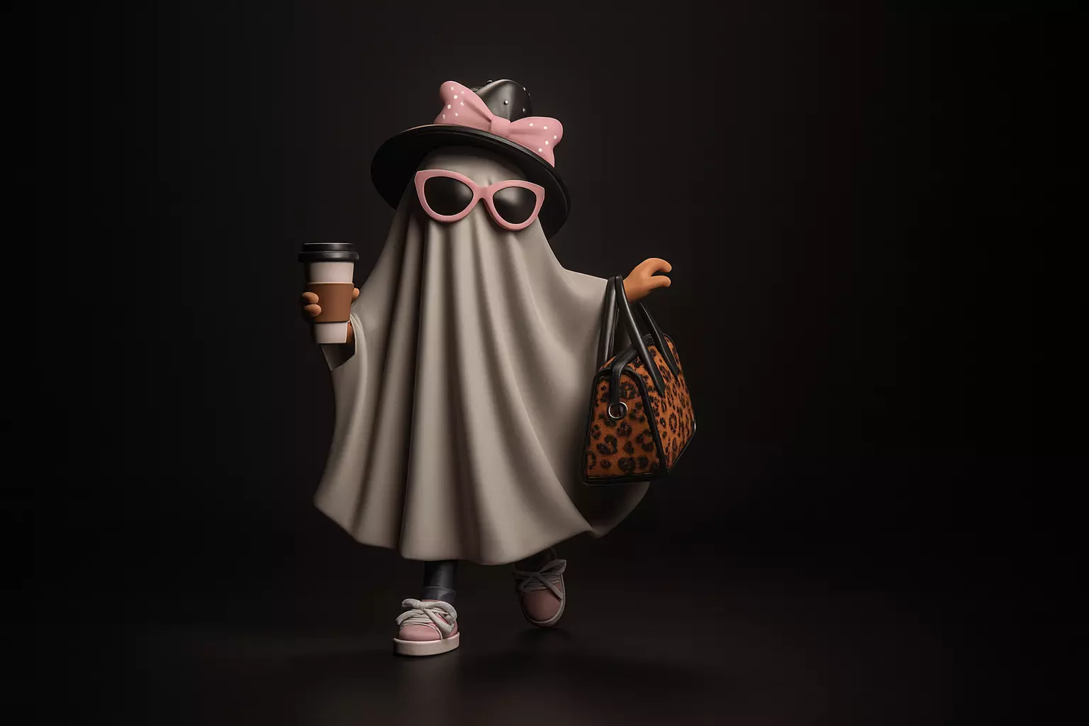 Trendy Ghost Figurine with Coffee and Bag Cute Halloween Decor 3D print model
