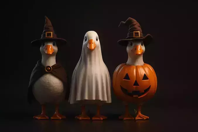 Halloween Goose Trio Figurines Witch Ghost and Pumpkin Goose 3D print model
