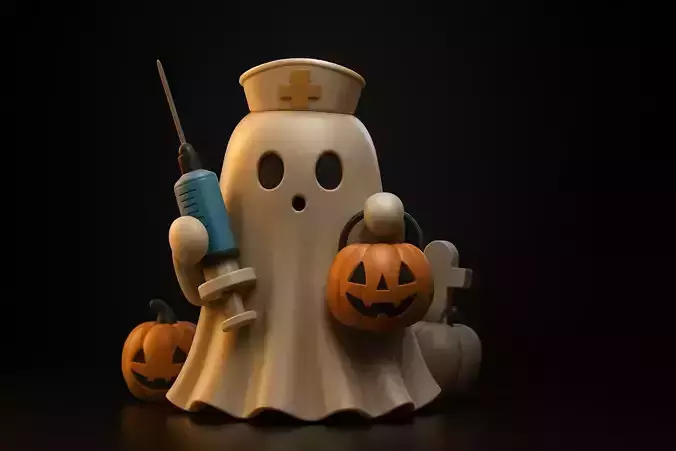 Cute Ghost Nurse with Pumpkin and Syringe Halloween Decor