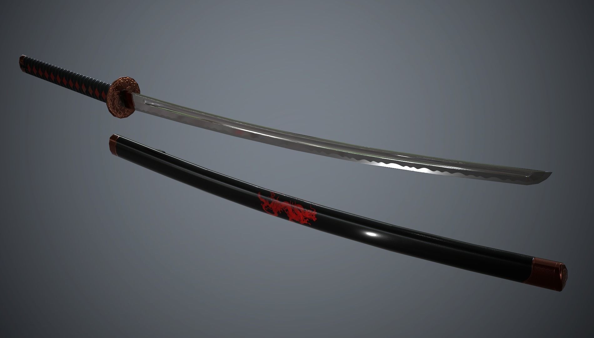 Katana Red Dragon - model and textures Low-poly 3D model_1