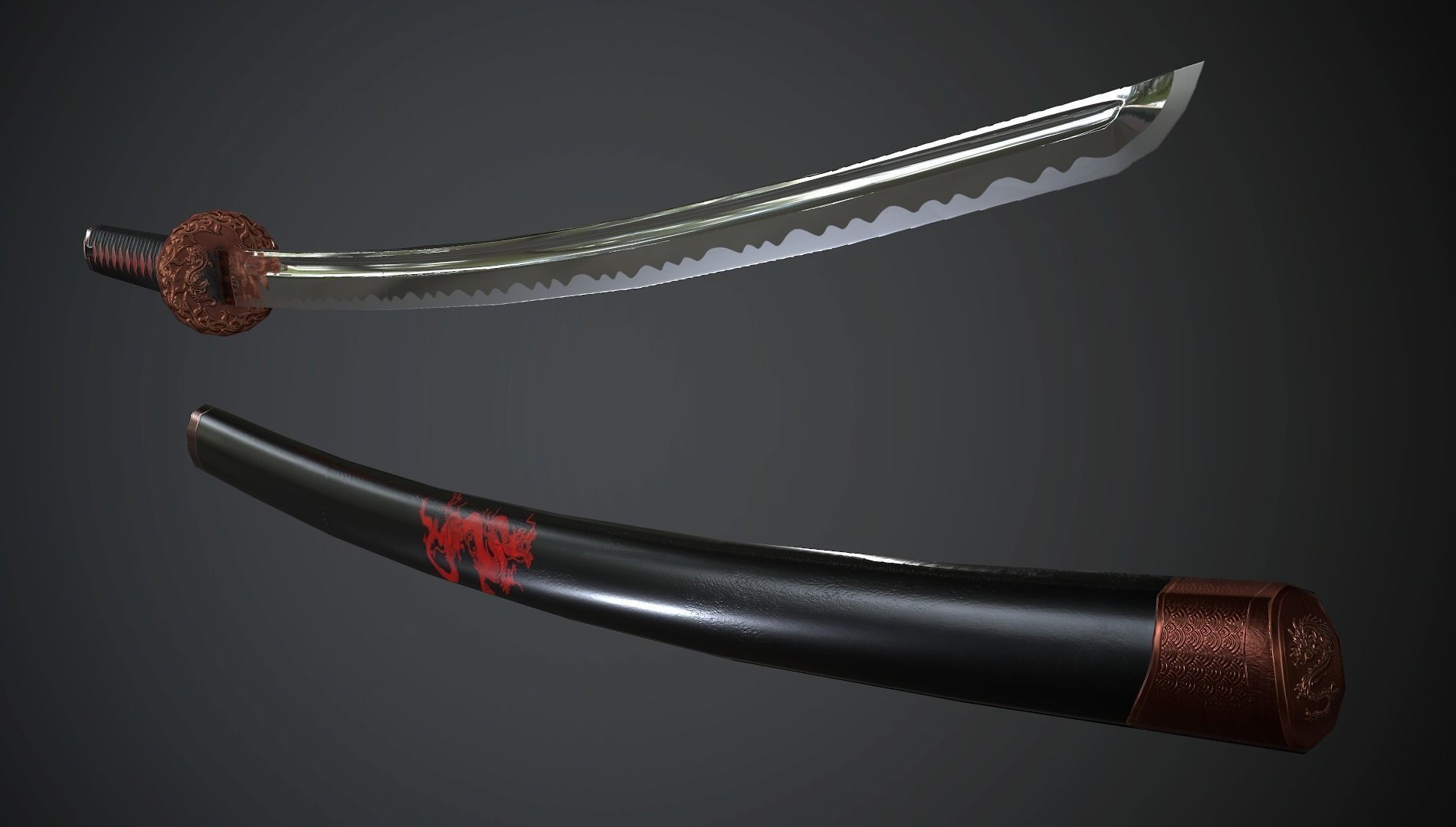 Katana Red Dragon - model and textures Low-poly 3D model_2