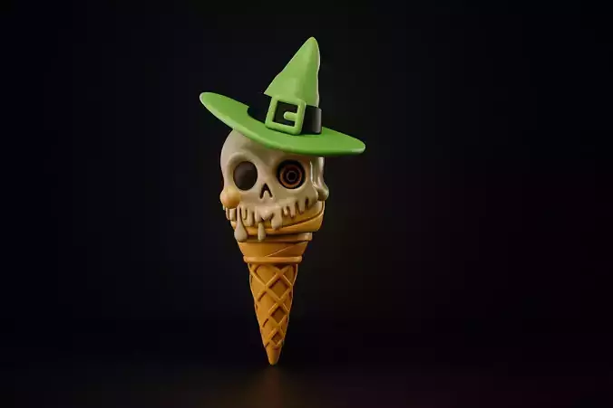 Halloween Skull Ice Cream Cone with Witch Hat Spooky Cute Decor