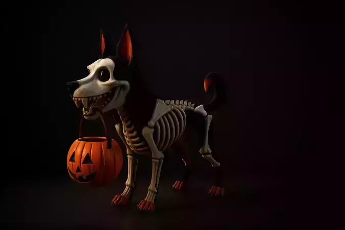 Halloween Skeleton Dog with Pumpkin Bucket Spooky Figurine