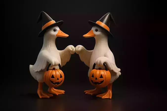 Halloween Goose Duo Witch Geese with Pumpkin Buckets