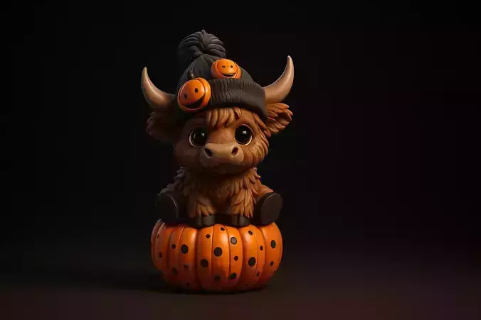 Adorable Highland Cow Sitting on Pumpkin Cute Halloween