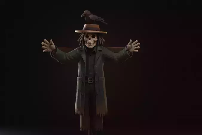 Scarecrow Skeleton Figurine with Crow Gothic Halloween Decor