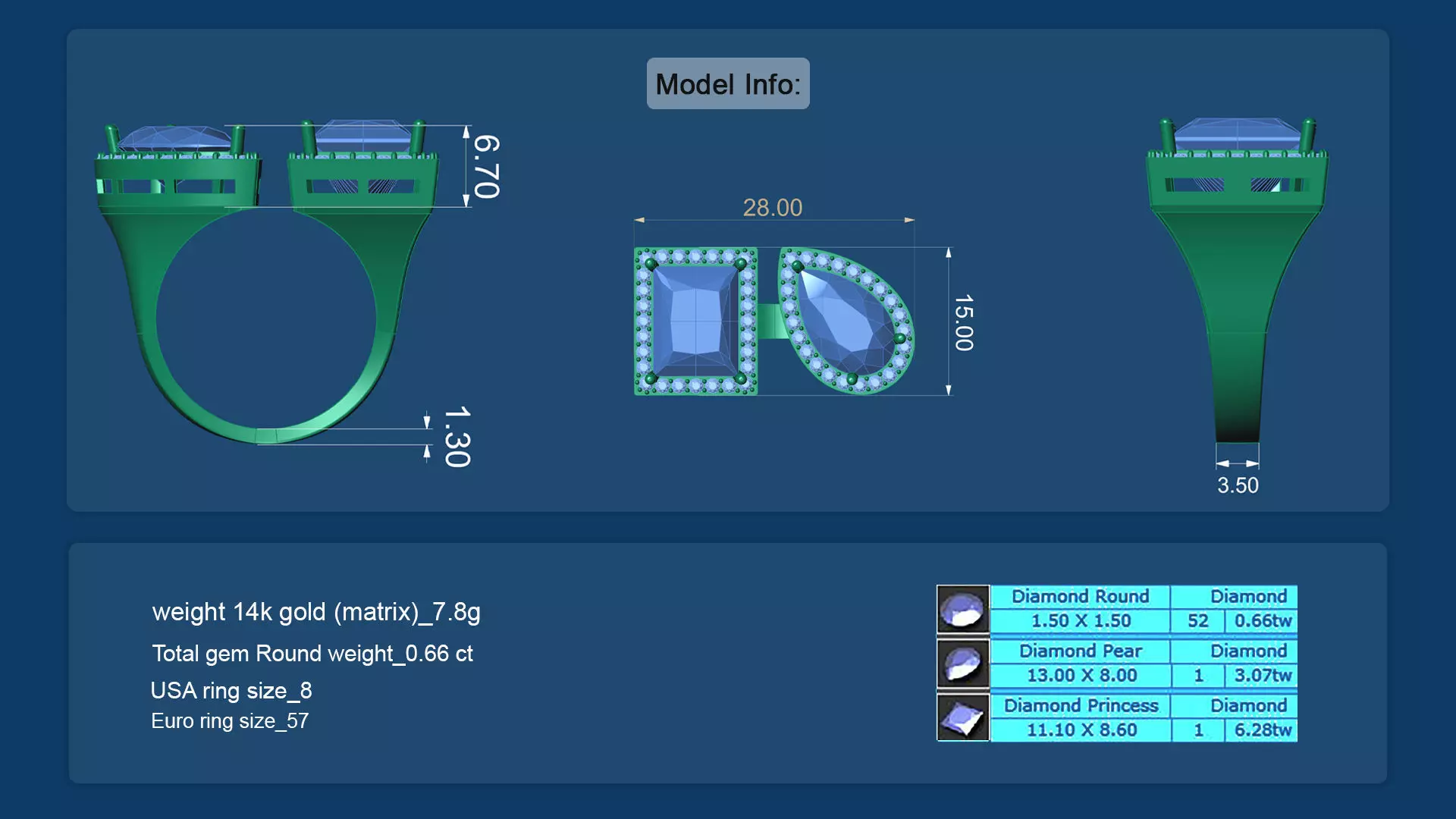 Women Gemstone Ring Tear Drop Rectangle 3D Model 3D print model_5