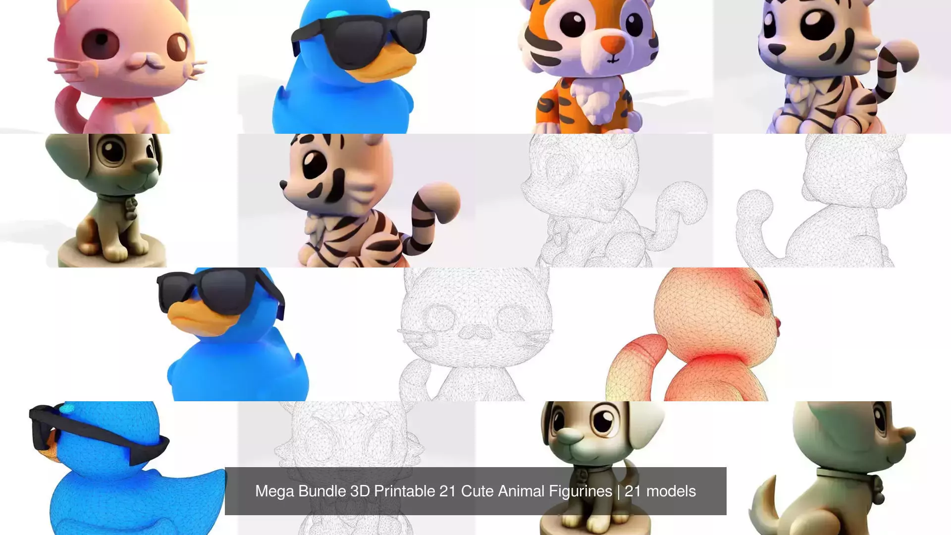 Mega Bundle 3D Printable 21 Cute Animal Figurines 3D Model Collection_2