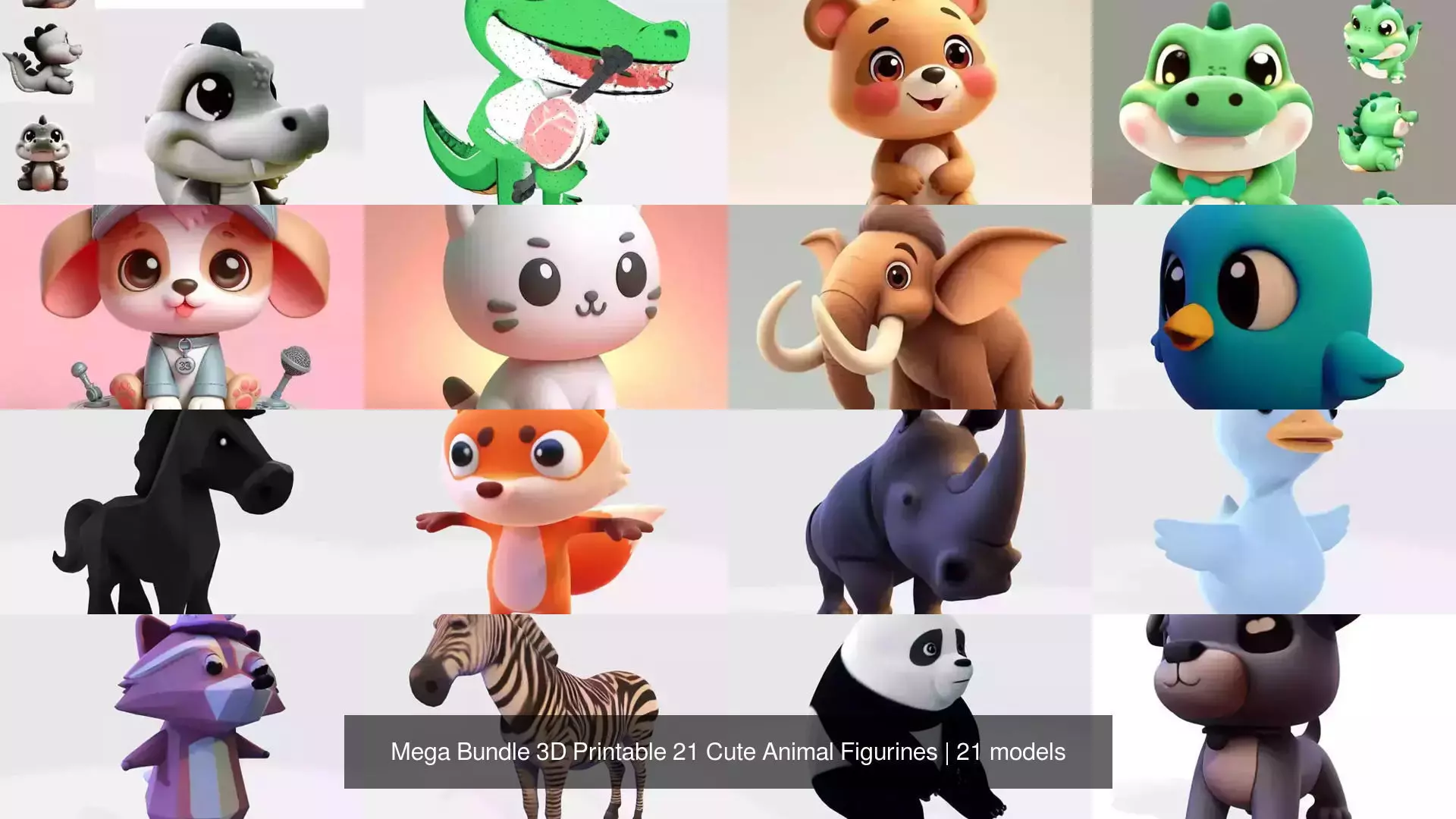 Mega Bundle 3D Printable 21 Cute Animal Figurines 3D Model Collection_1
