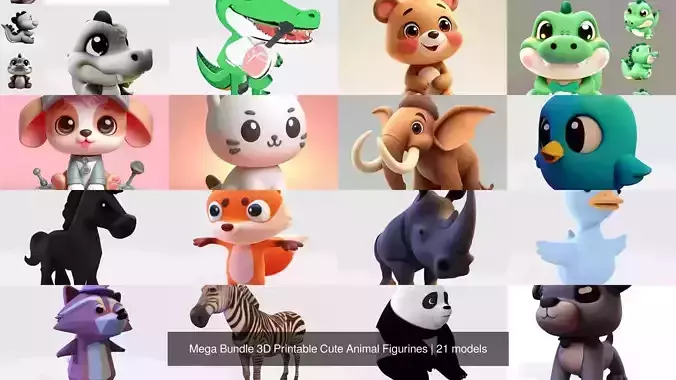 Mega Bundle 3D Printable 21 Cute Animal Figurines 3D Model Collection