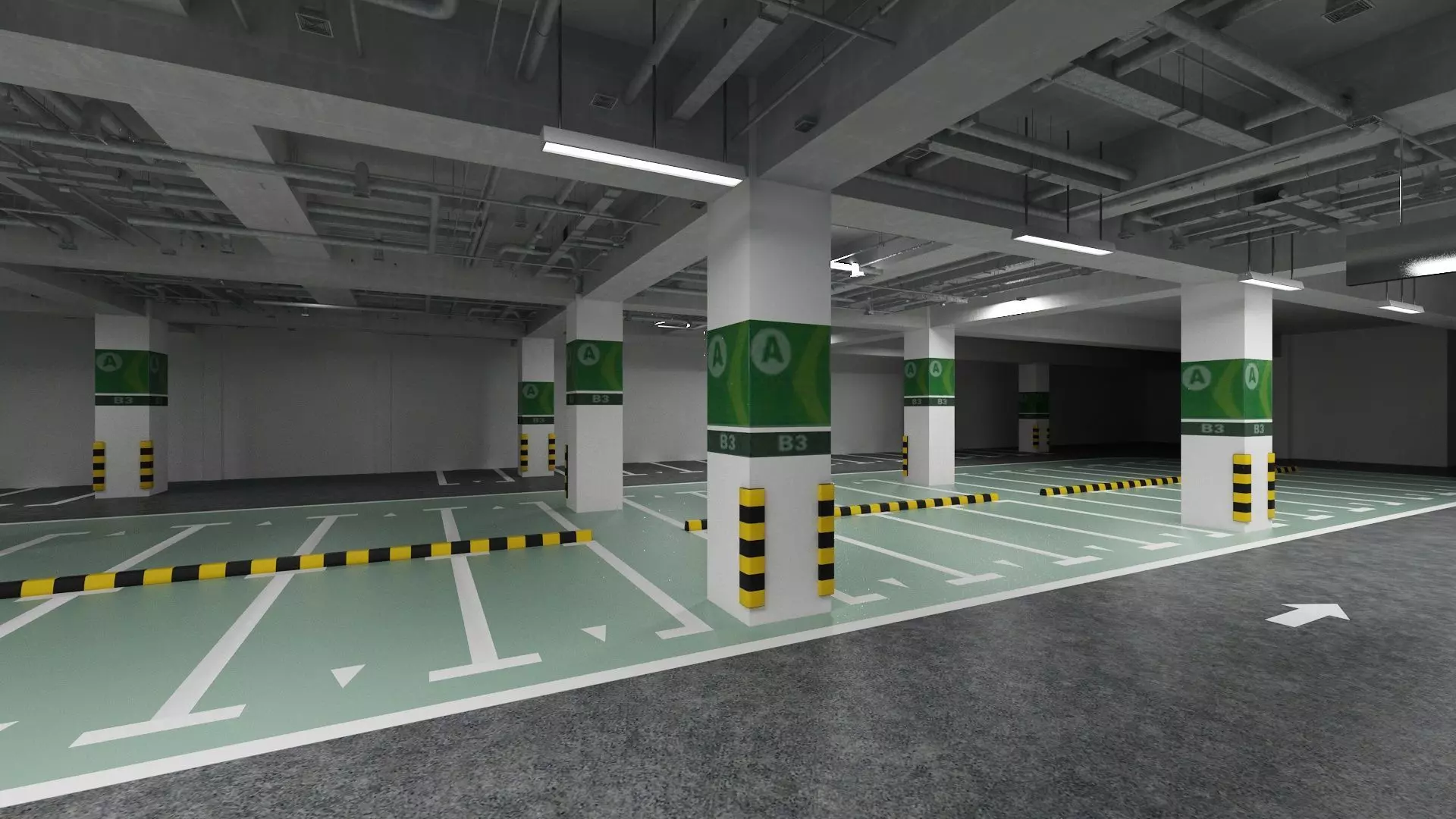 Unaderground Parking with Signs and Fire Pipe System 3D model_3