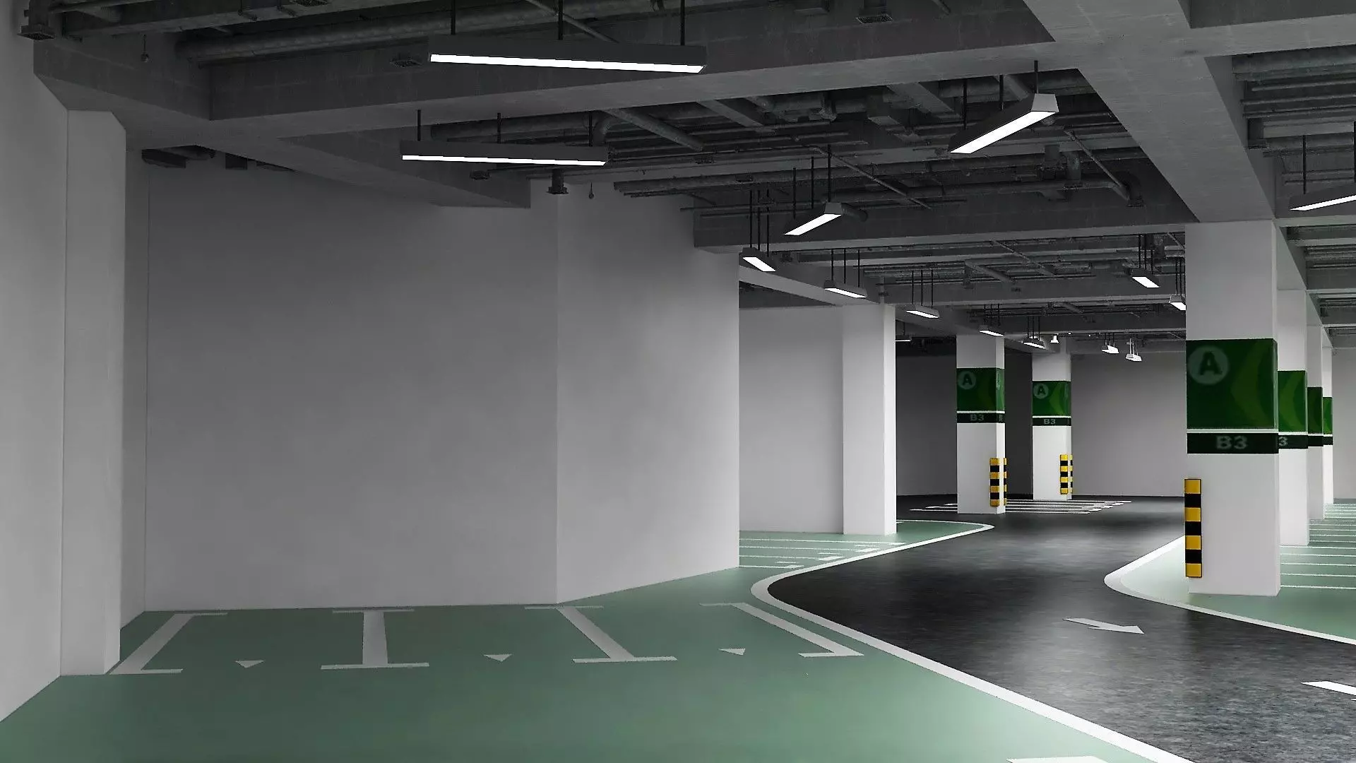 Unaderground Parking with Signs and Fire Pipe System 3D model_7