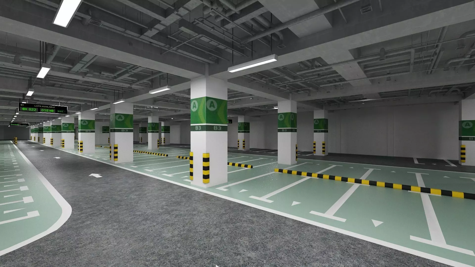 Unaderground Parking with Signs and Fire Pipe System 3D model_4
