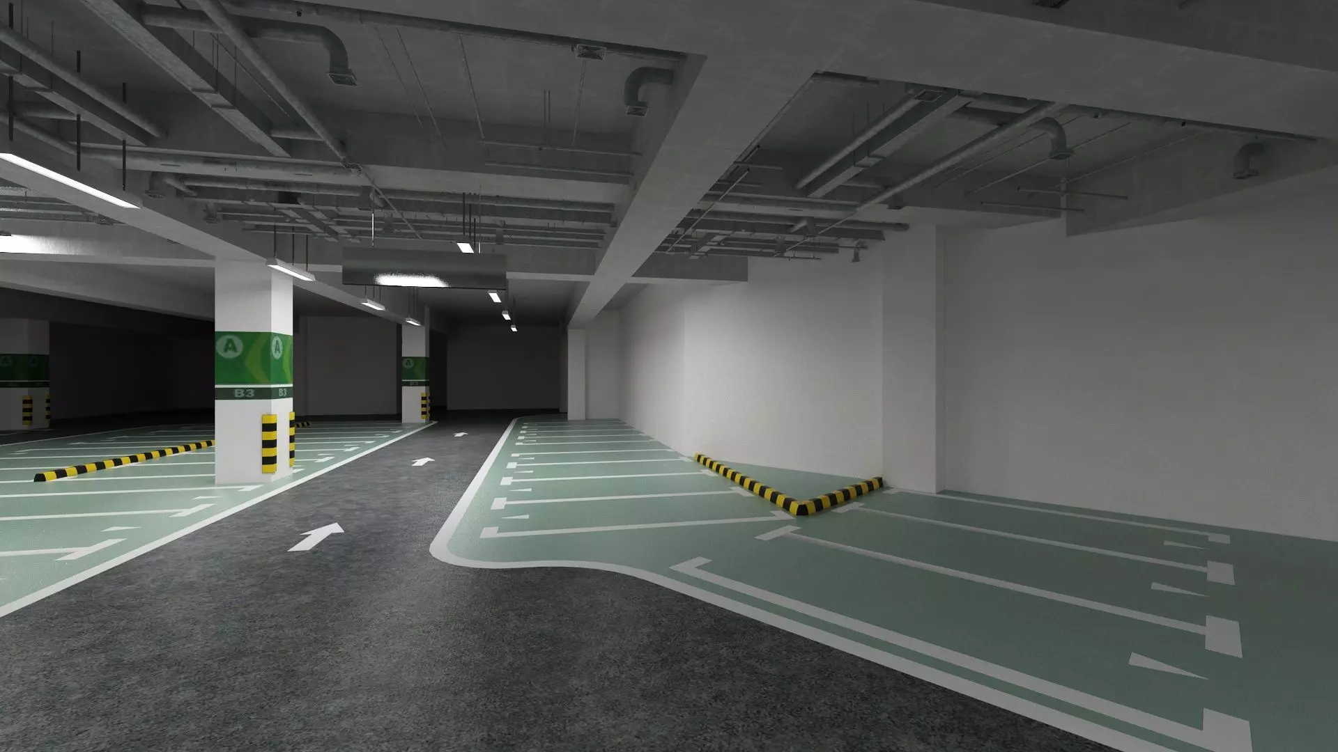 Unaderground Parking with Signs and Fire Pipe System 3D model_2