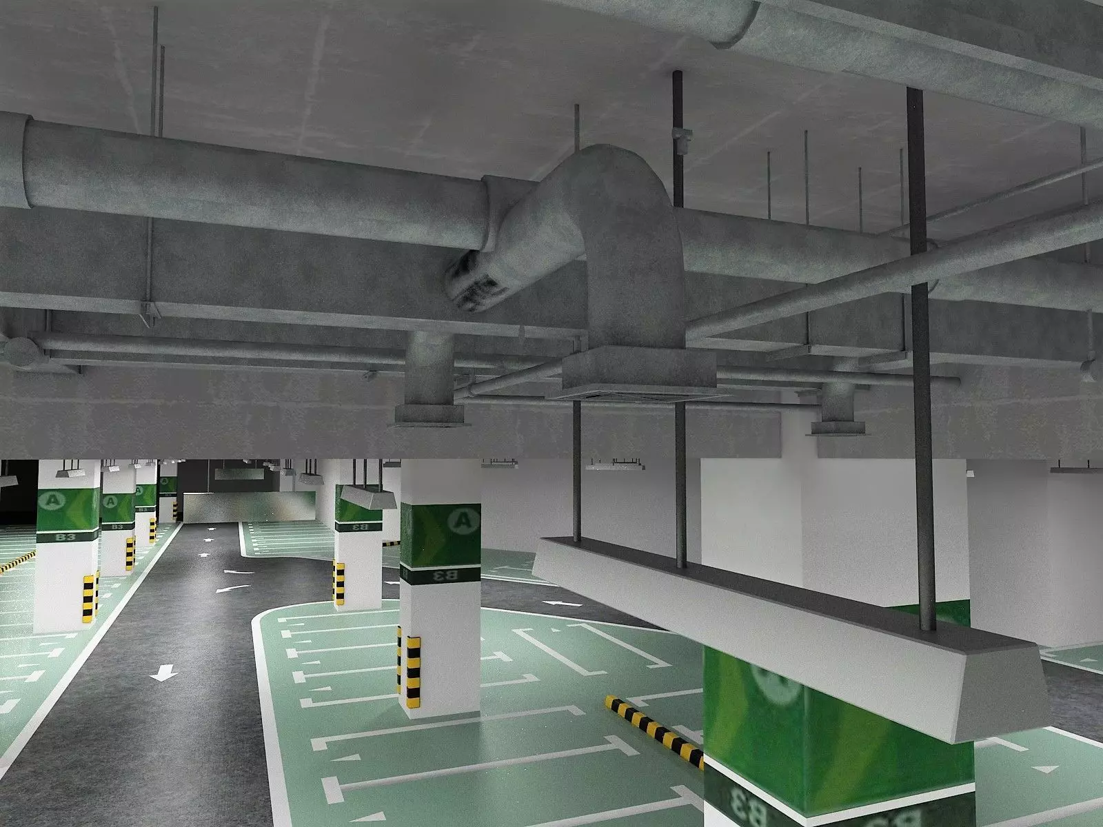 Unaderground Parking with Signs and Fire Pipe System 3D model_13