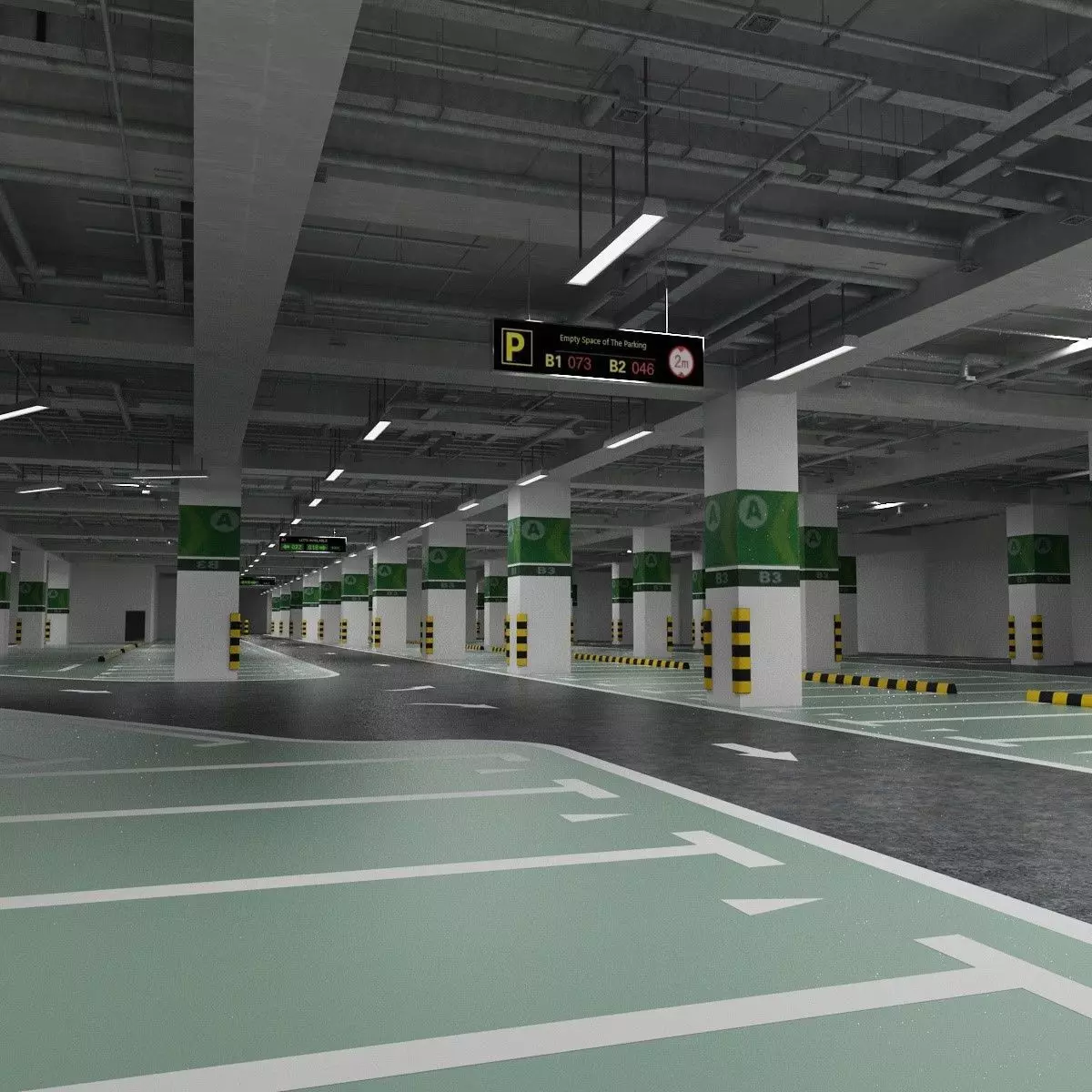 Unaderground Parking with Signs and Fire Pipe System 3D model_0