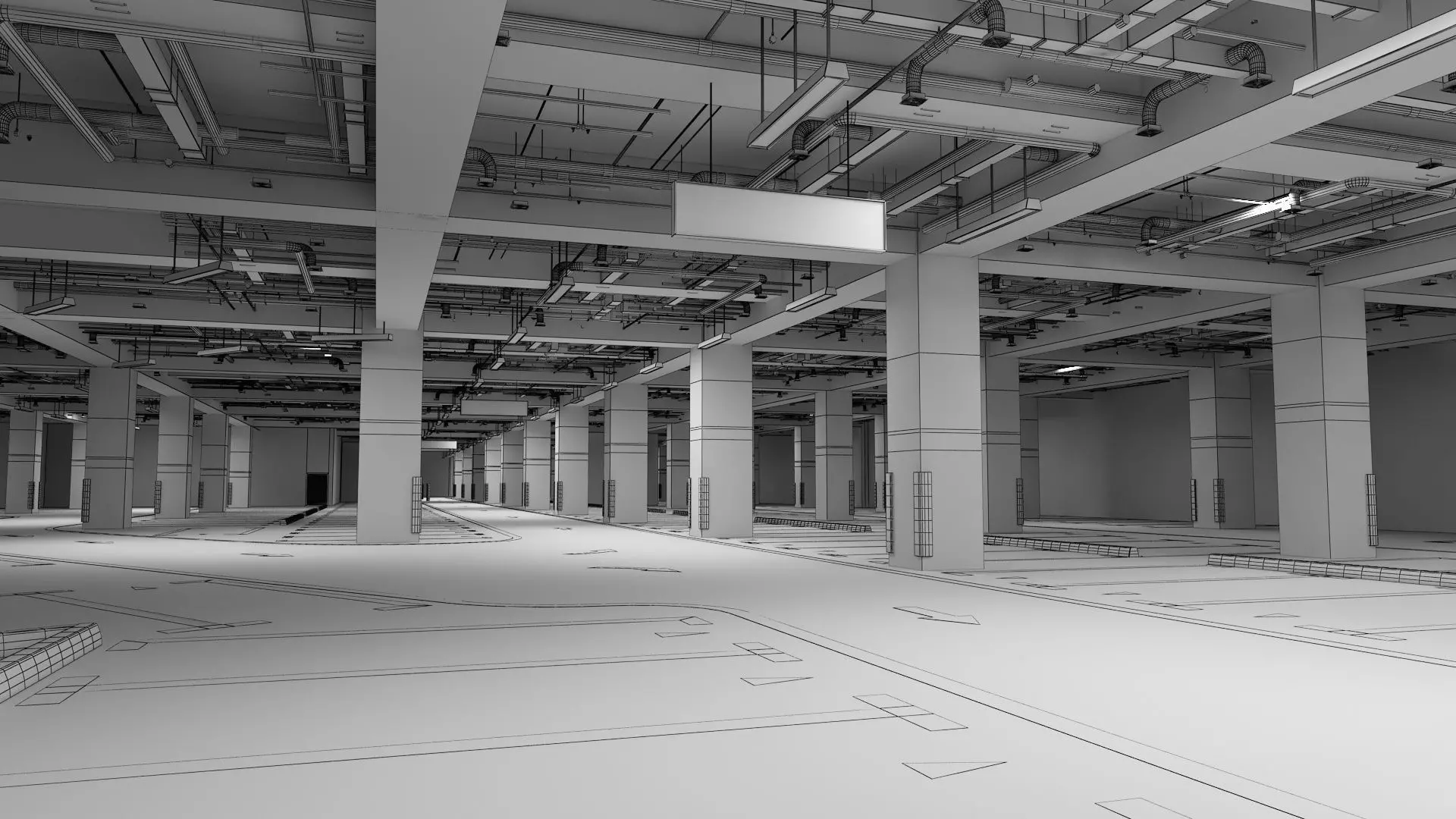 Unaderground Parking with Signs and Fire Pipe System 3D model_9