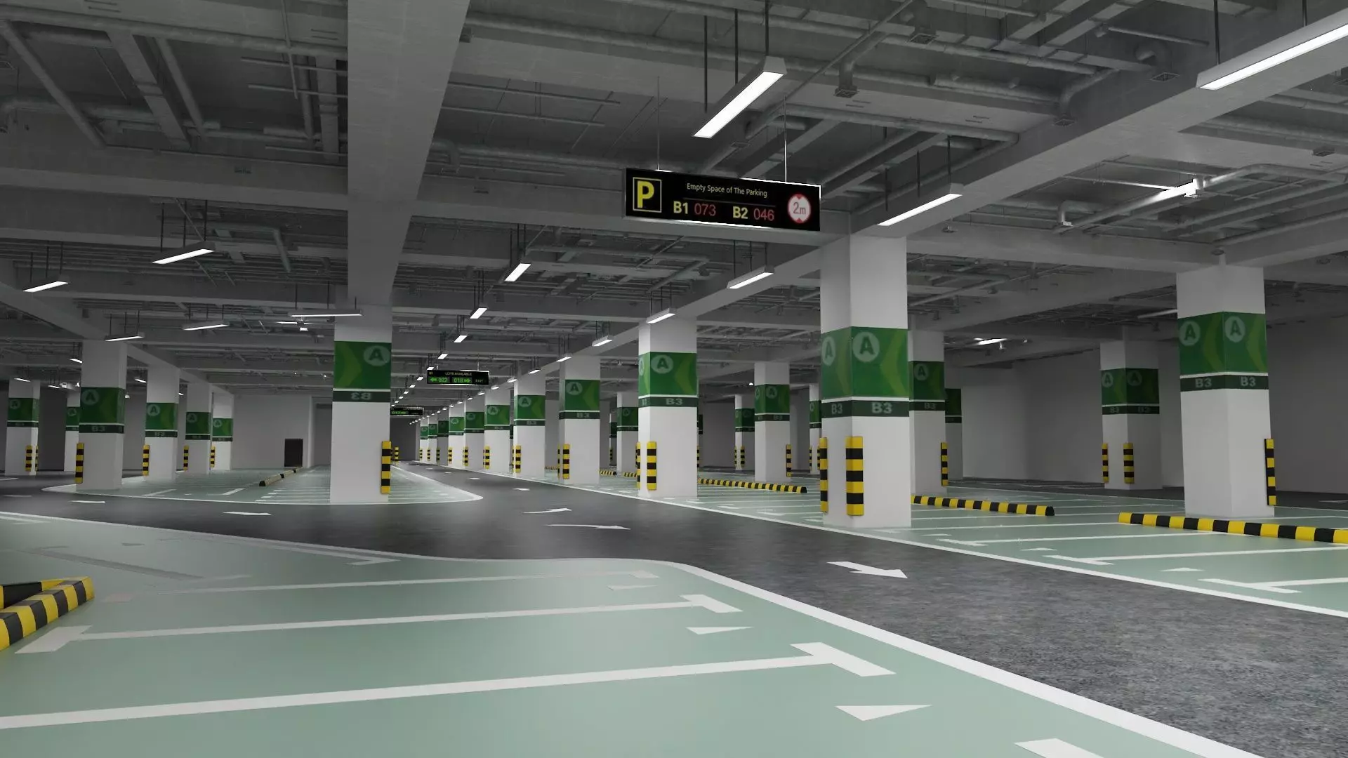 Unaderground Parking with Signs and Fire Pipe System 3D model_8