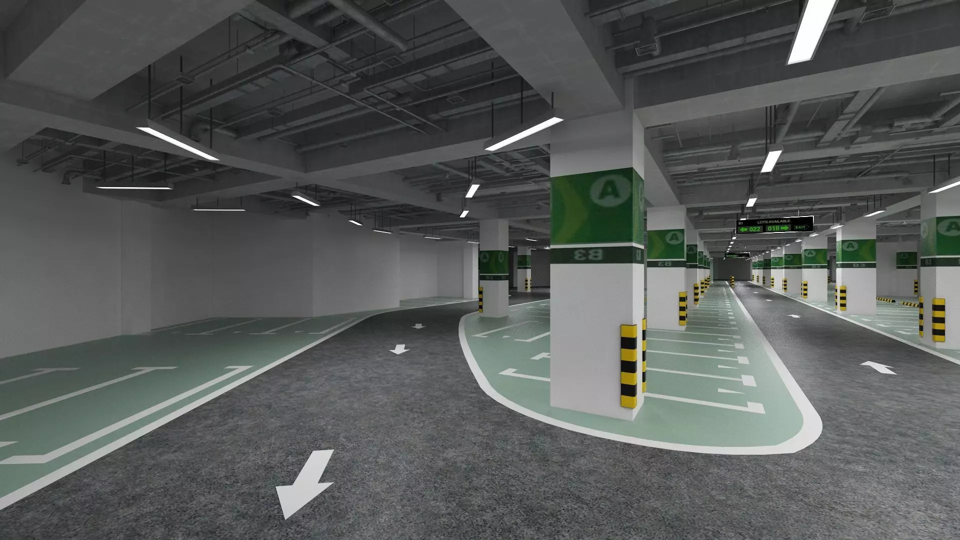 Unaderground Parking with Signs and Fire Pipe System 3D model_5