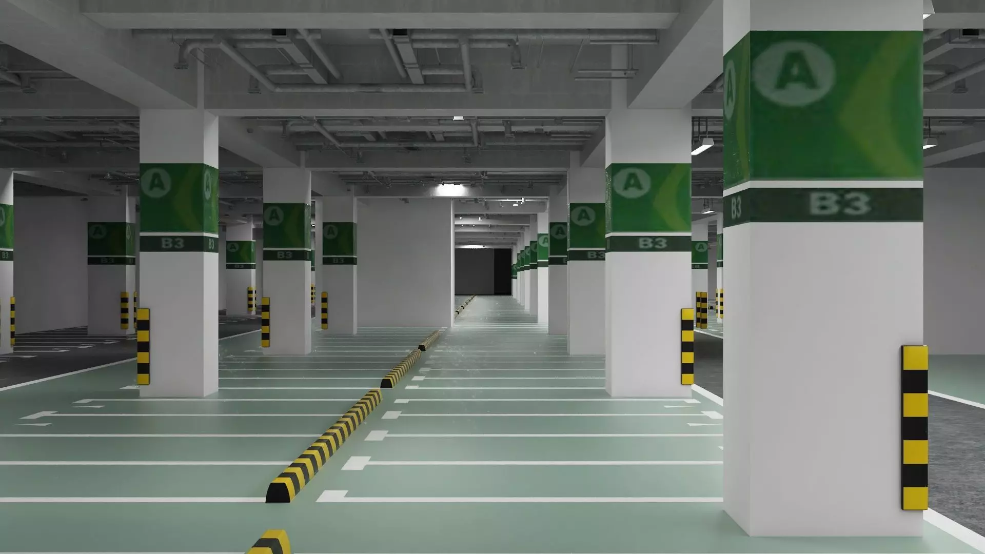 Unaderground Parking with Signs and Fire Pipe System 3D model_6