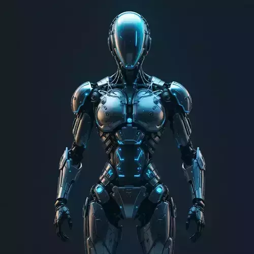 Humanoid sci-fi robot with glowing blue