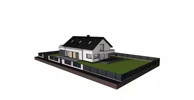 Modern Family House 3D Model with Garden and Fence