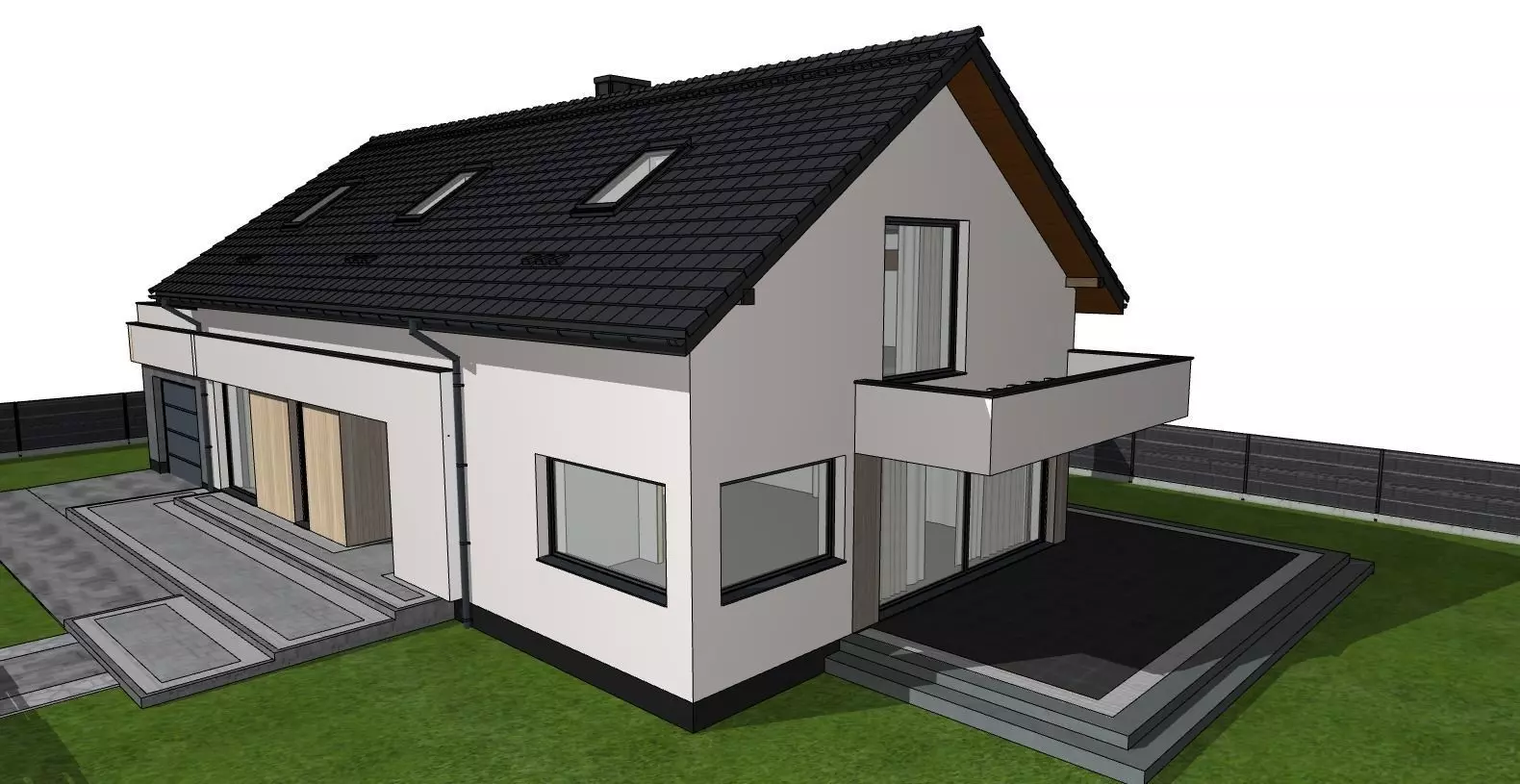 Modern Family House 3D Model with Garden and Fence 3D model_2