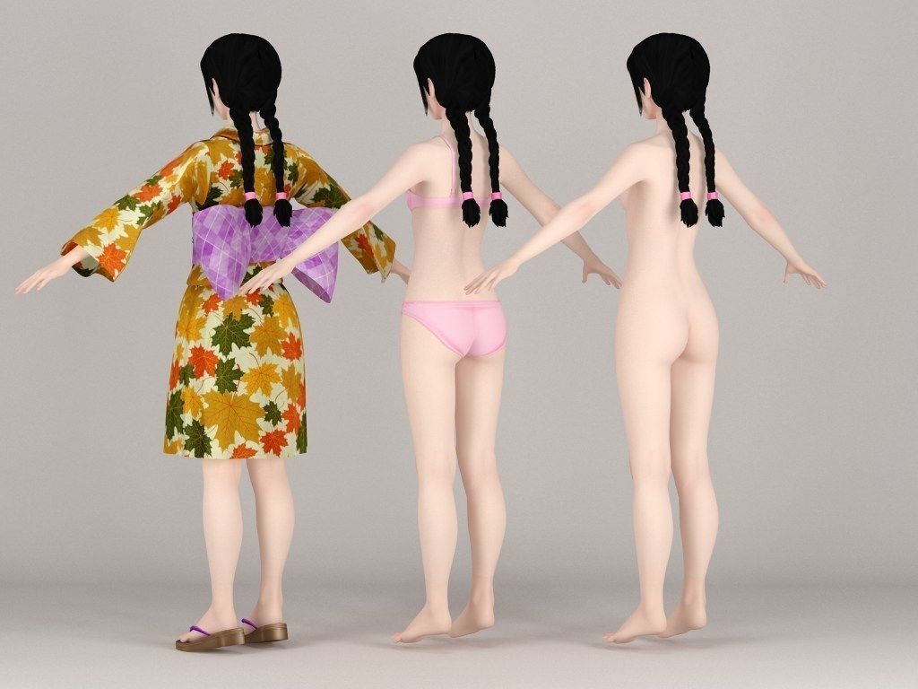 T pose nonrigged model of Kumiko in kimono 3D model_5