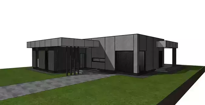 Modern Flat Roof House 3D Model  Concrete and Wood Facade Design