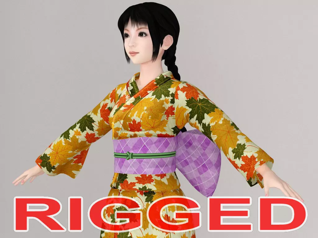 T pose rigged model of Kumiko in kimono 3D model_0
