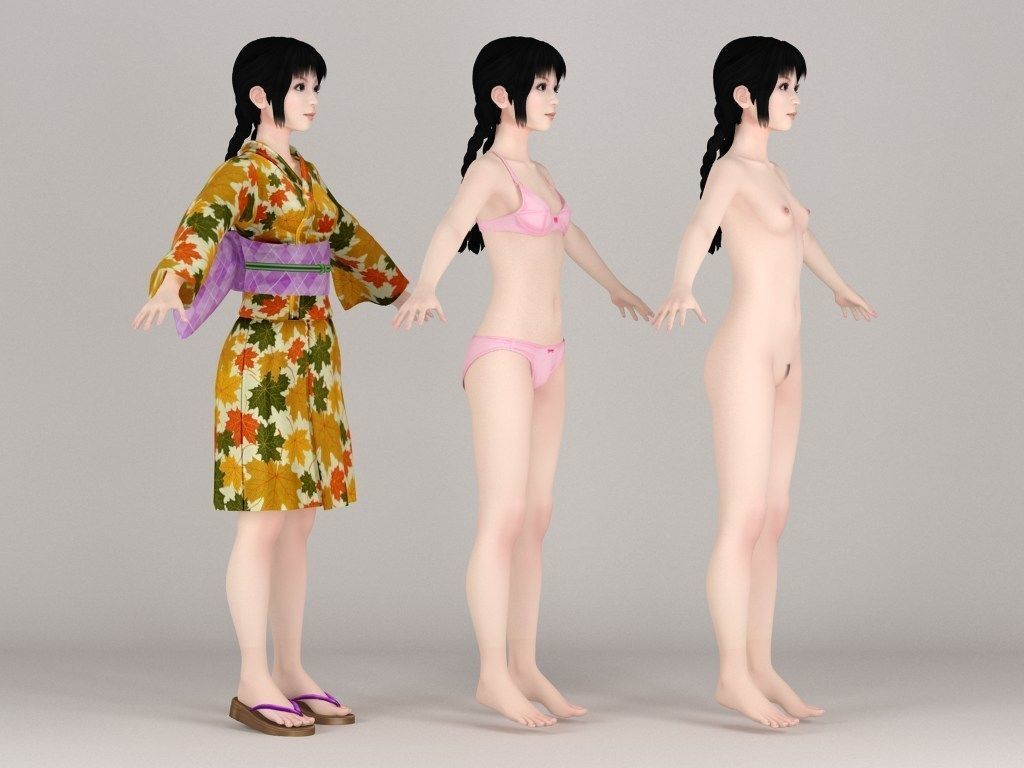 T pose rigged model of Kumiko in kimono 3D model_8
