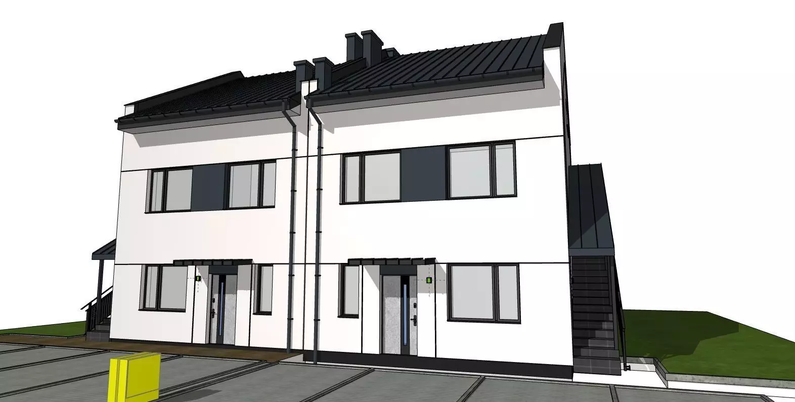 Semi Detached Duplex House 3D Model Modern Two Unit Building 3D model_2