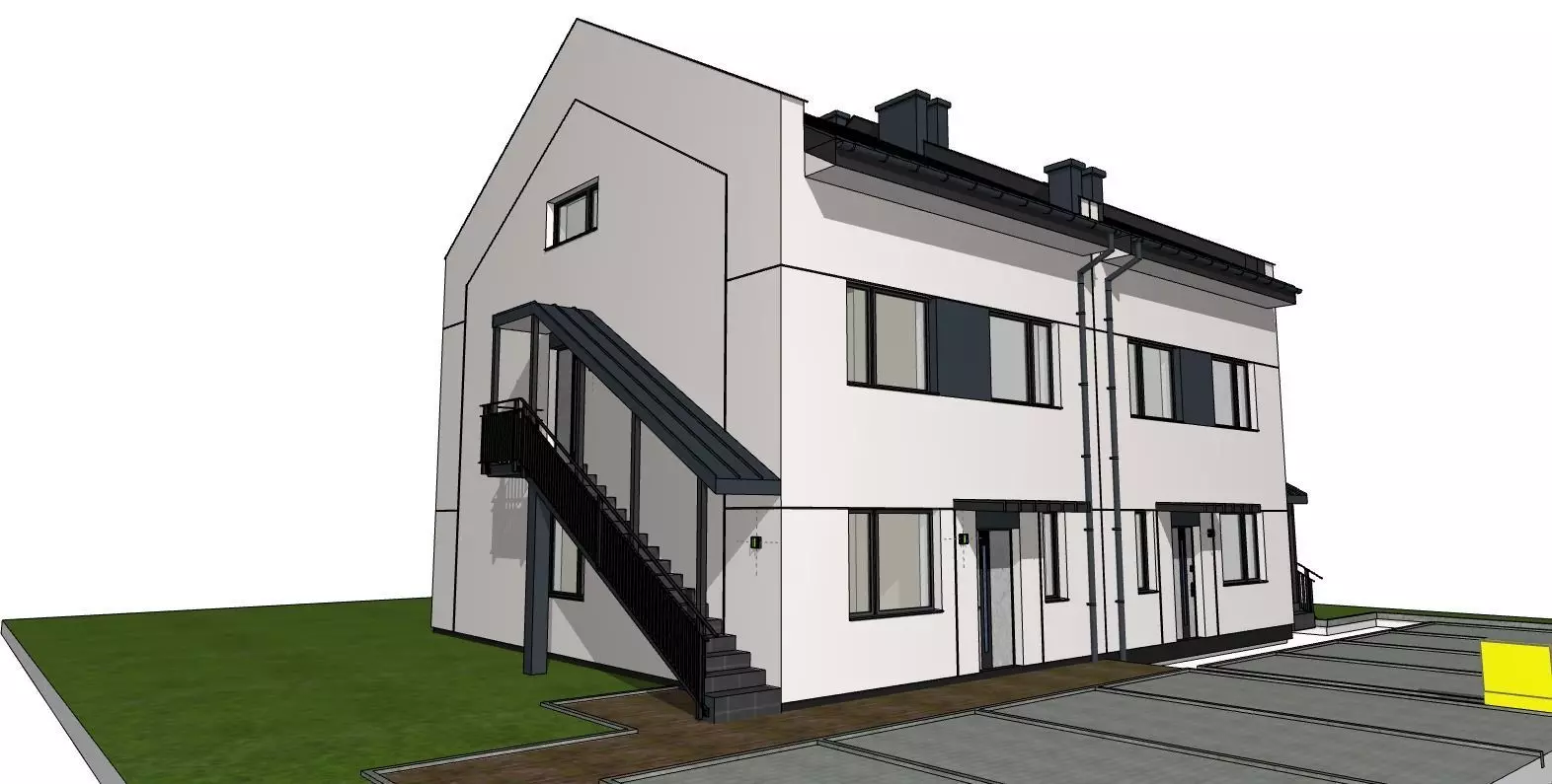Semi Detached Duplex House 3D Model Modern Two Unit Building 3D model_0