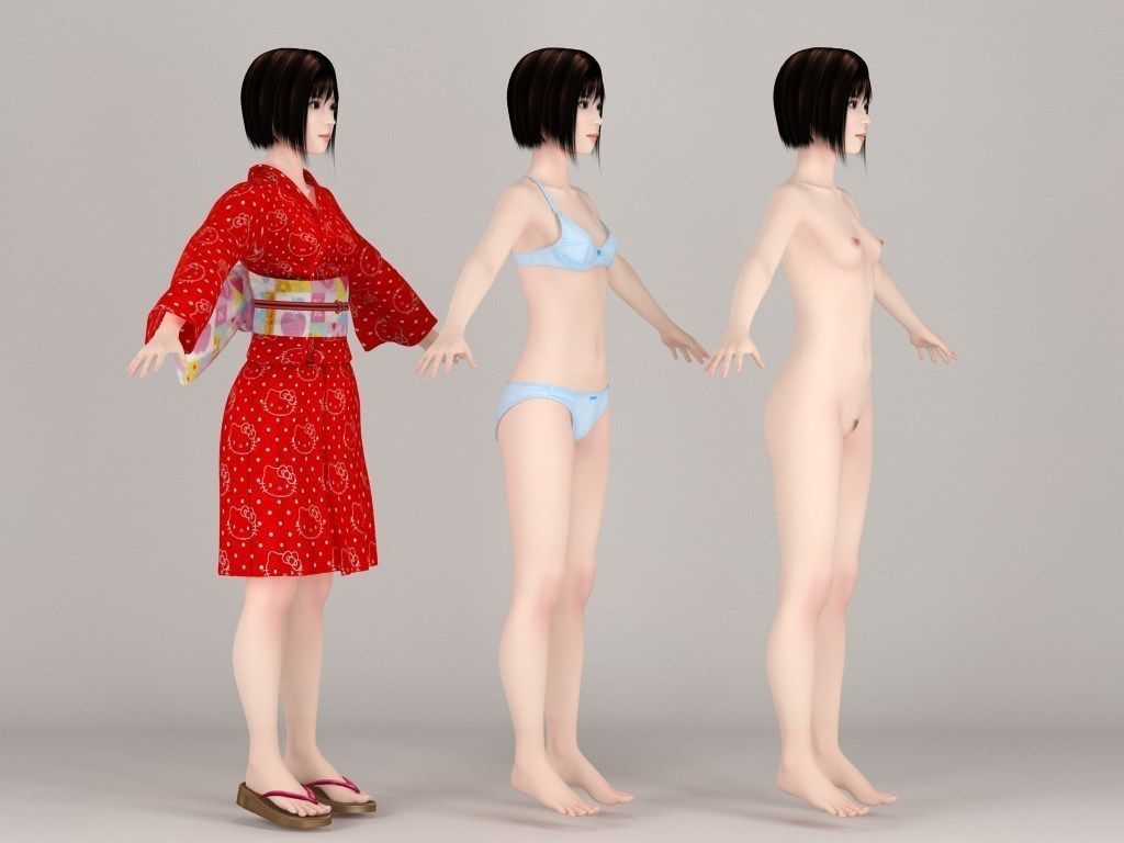 T pose nonrigged model of Satomi in kimono 3D model_6