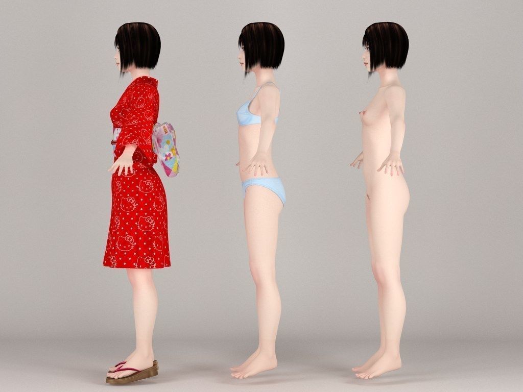 T pose nonrigged model of Satomi in kimono 3D model_4