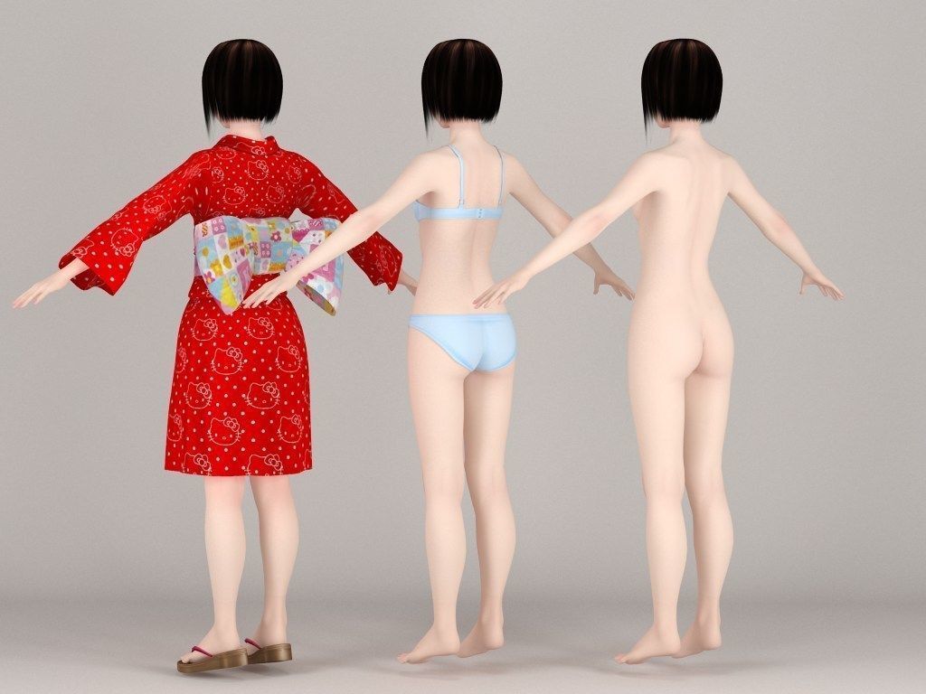 T pose rigged model of Satomi in kimono 3D model_7