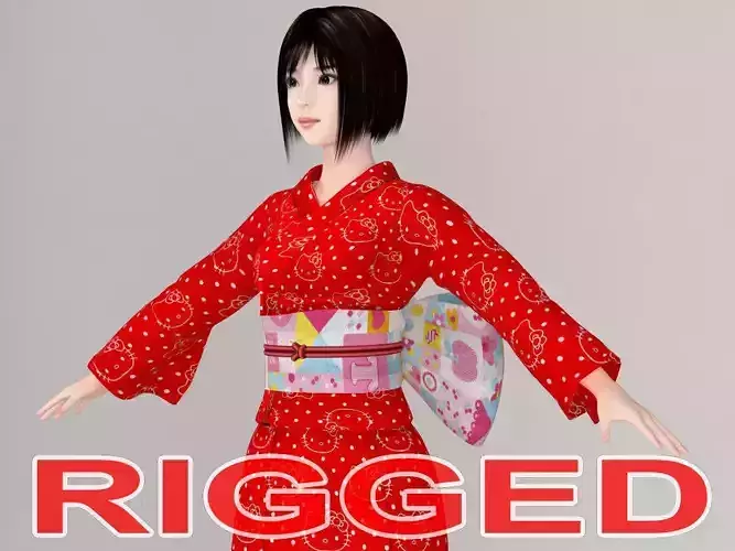 T pose rigged model of Satomi in kimono 3D model