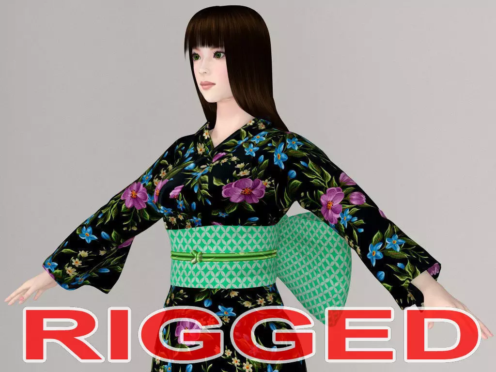 T pose rigged model of Akari in kimono 3D model_0