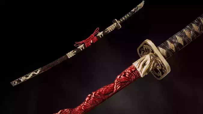 Red Loong Katana - Japanese Fantasy swords - Game ready 3D model