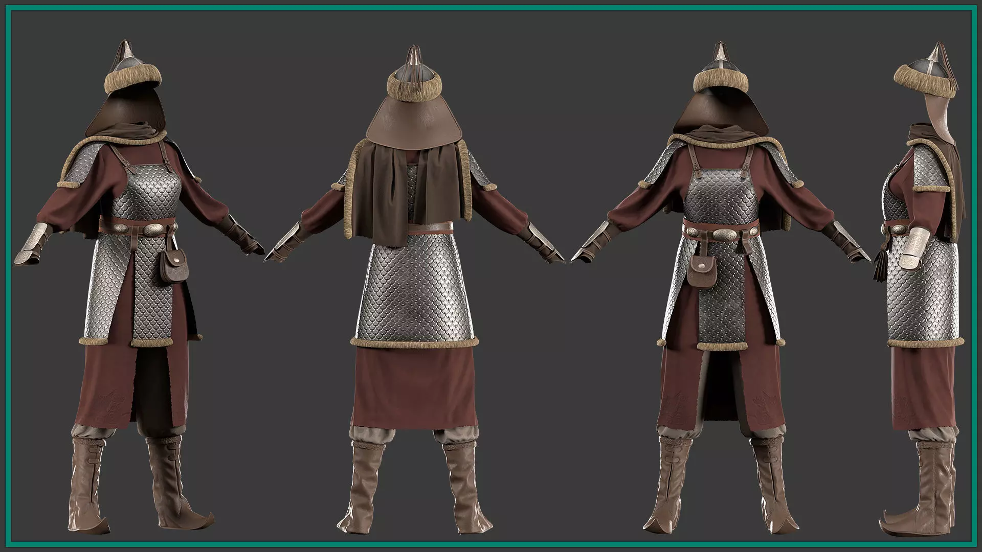 female Mongol warrior outfit with texture and smart material 3D model_1