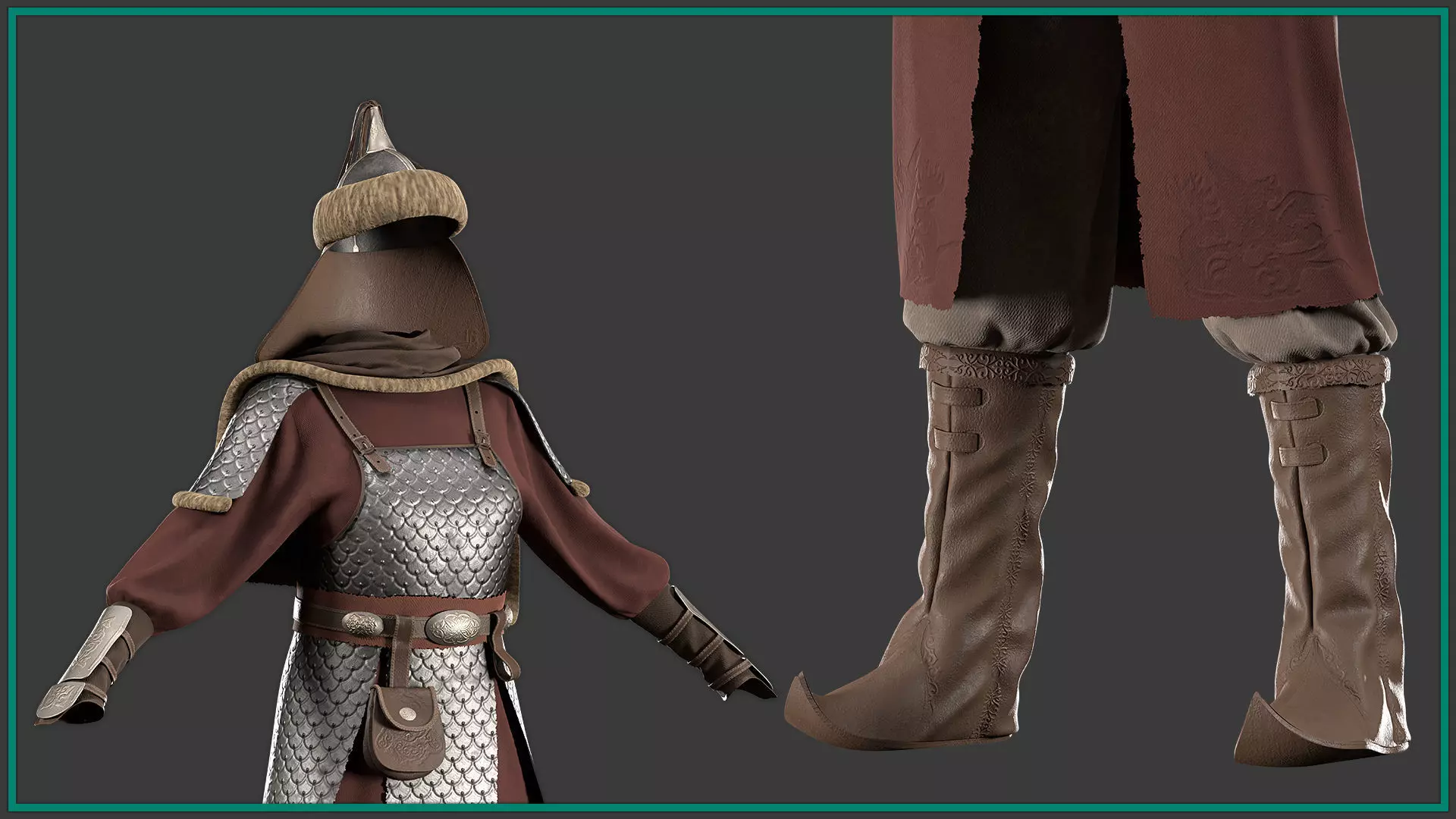 female Mongol warrior outfit with texture and smart material 3D model_2