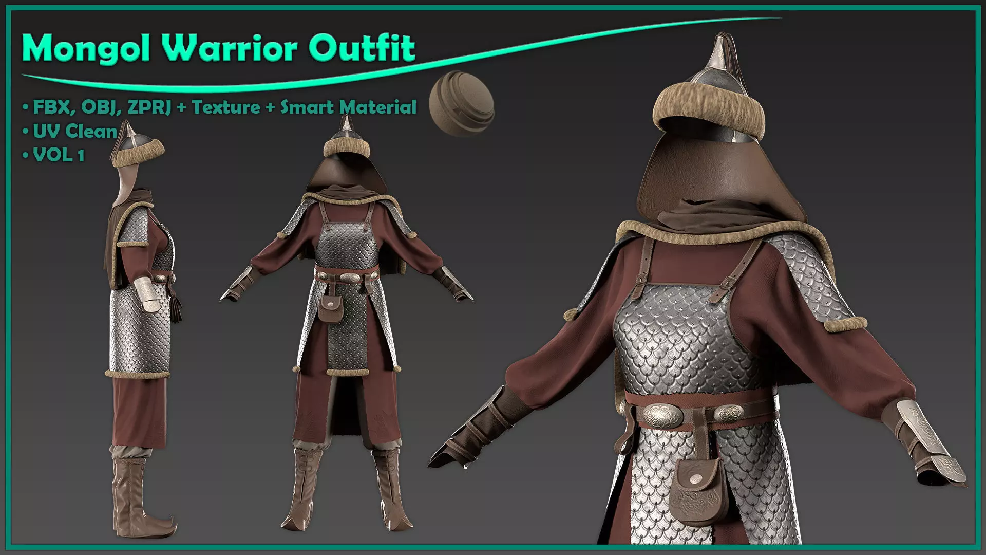 female Mongol warrior outfit with texture and smart material 3D model_0