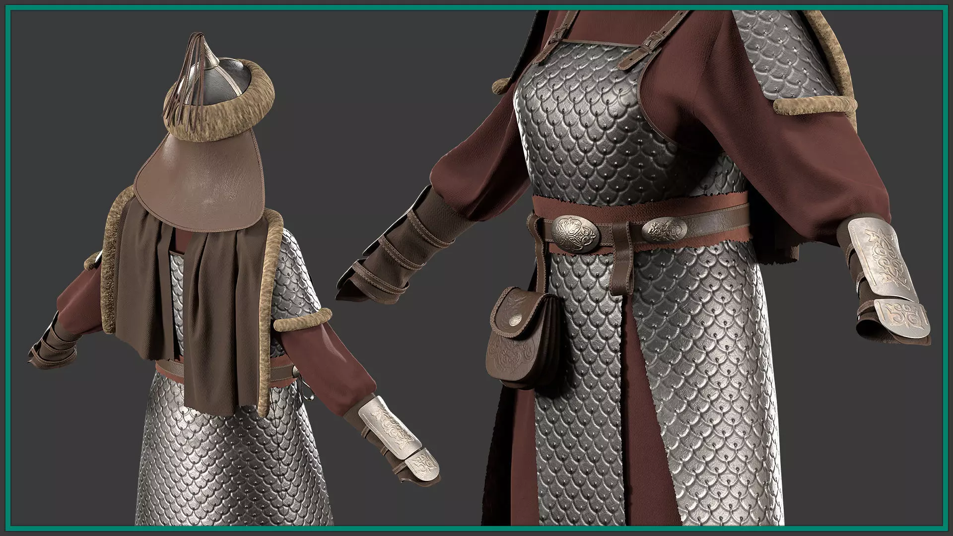 female Mongol warrior outfit with texture and smart material 3D model_3