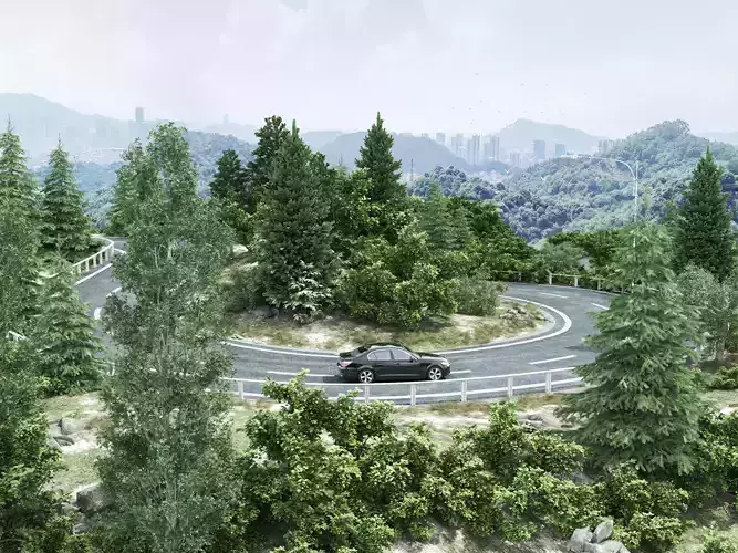 Curved mountain road Low-poly 3D model