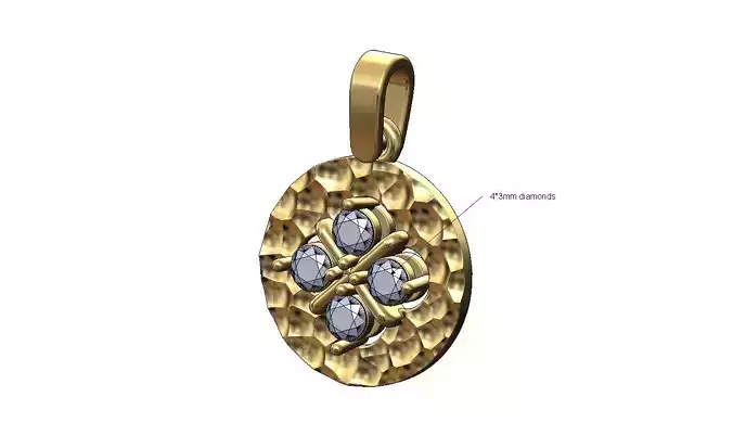 Hammered diamond clover cluster coin pendant charm with bail