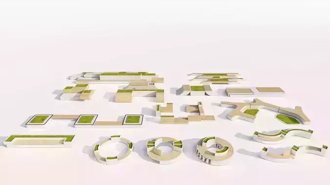 Modern Park Outdoor benches and Furniture set  Low-poly 3D model 4